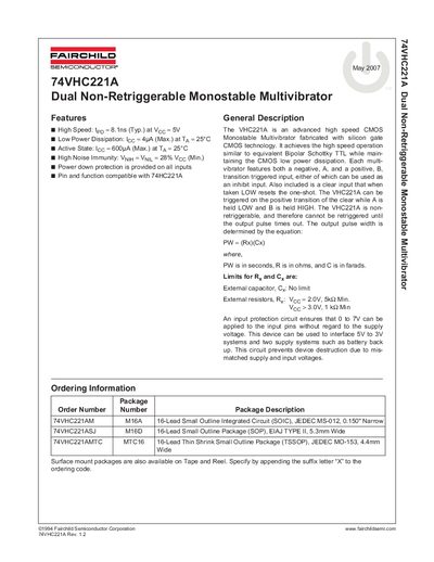 Fairchild 74VHC221A Dual Non‑Retriggerable Monostable Multivibrator Datasheet - cover page
