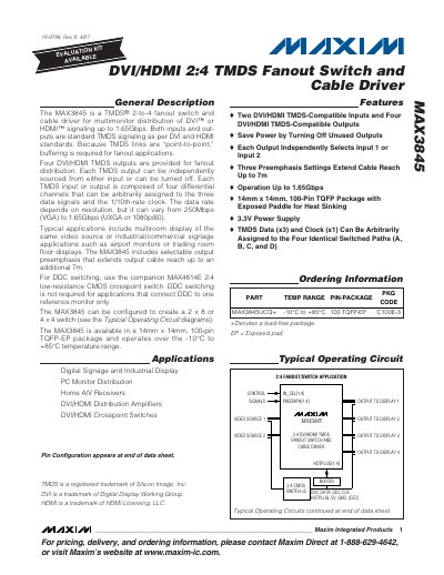 Maxim MAX3845 TMDS 2‑to‑4 Fanout Switch Data Sheet - cover page