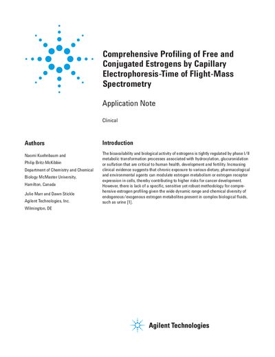 Agilent Comprehensive Profiling of Free Conjugated Estrogens by CE-TOF-MS Application Note - cover page