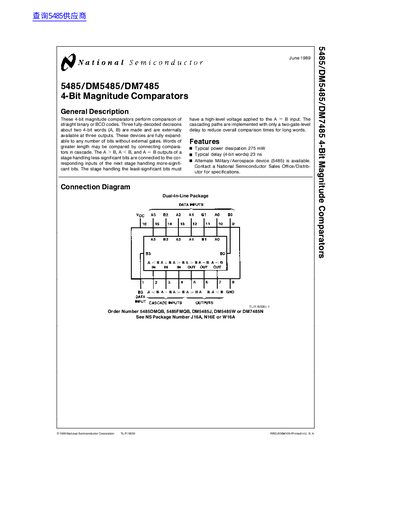 National Semiconductor 5485/DM5485/DM7485 Datasheet - cover page