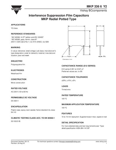 Vishay MKP 336 6 Y2 Interference Suppression Film Capacitor Datasheet - cover page