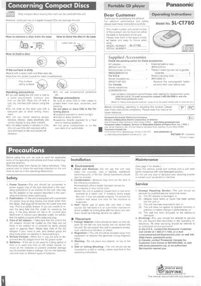 Panasonic SL-CT780 Portable CD Player Operating Instructions - cover page