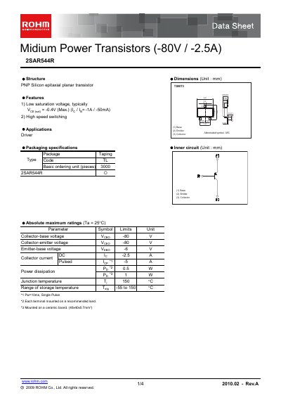 ROHM 2SAR544R Datasheet - cover page