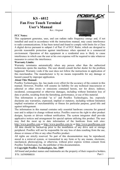 POSIFLEX KS-6812 Fan Free Touch Terminal User's Manual - cover page