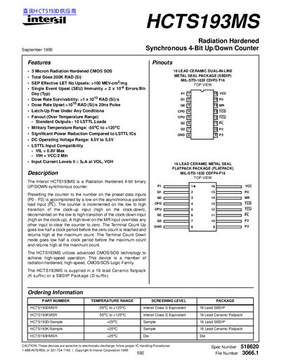 Intersil HCTS193MS Radiation Hardened Synchronous 4‑Bit Up/Down Counter Datasheet - cover page