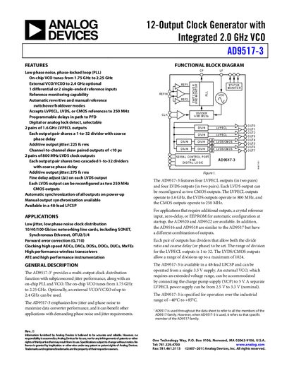 Analog Devices AD9517-3 Clock Generator Datasheet - cover page