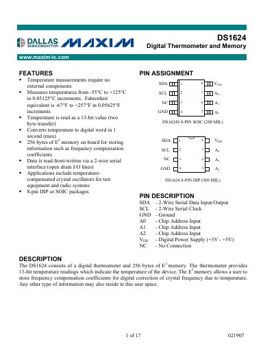 Maxim DS1624 Digital Thermometer and Memory Datasheet - cover page