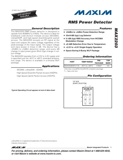 Maxim MAX2203 RMS Power Detector Datasheet - cover page