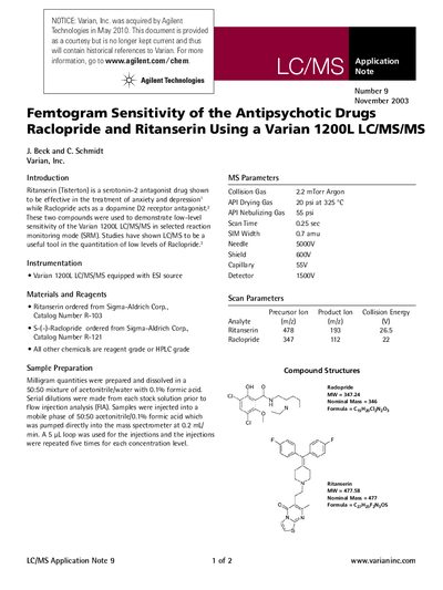 Agilent 1200L LC/MS/MS Application Note: Femtogram Sensitivity of Raclopride and Ritanserin - cover page