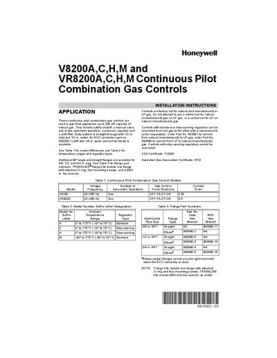 Honeywell V8200A/VR8200A Continuous Pilot Combination Gas Controls Manual - cover page