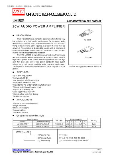 Unisonic LM1875 Linear Integrated Circuit Datasheet