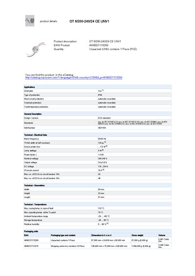 OSRAM SYLVANIA OT 6/200-240/24 CE UNV1 Product description: OT 6/200-240/24 CE UNV1 EAN/ Product: 4008321113269 Quantity: Unpacked (UNV) contains 1 Piece (PCE) handbook - cover page