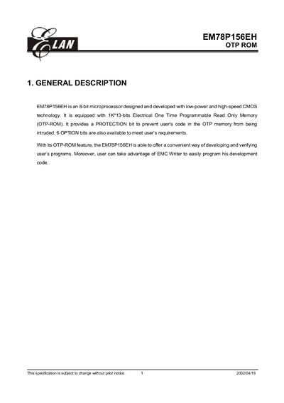 ELAN EM78P156EH OTP ROM Datasheet - cover page