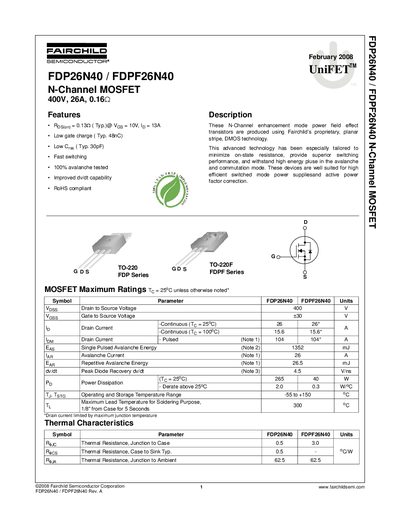 Fairchild FDP26N40 / FDPF26N40 N-Channel MOSFET Datasheet - cover page