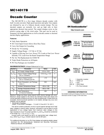 ON Semiconductor MC14017B Decade Counter Datasheet - cover page