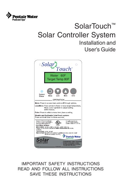 Pentair SolarTouch Solar Controller Installation and User's Guide - cover page