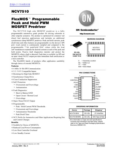 ON Semiconductor NCV7510 FlexMOS Programmable Peak and Hold PWM MOSFET Predriver Datasheet - cover page