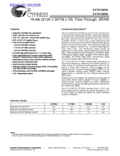 Cypress CY7C1381C/CY7C1383C 18-Mb Flow-Through SRAM Datasheet - cover page