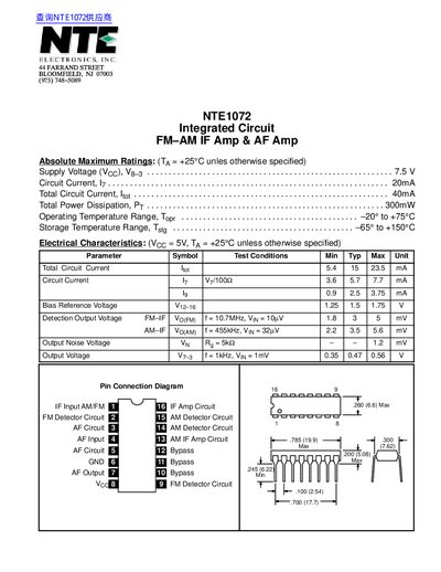 NTE Electronics NTE1072 Integrated Circuit FM-AM IF Amp & AF Amp Datasheet - cover page