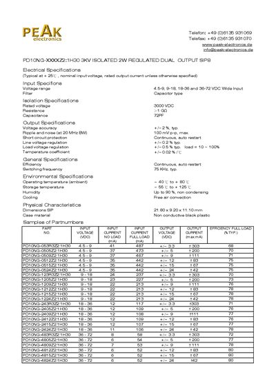 PEAK PD10NG-XXXXZ2:1H30 3kV Isolated 2W Dual Output SIP8 Datasheet - cover page