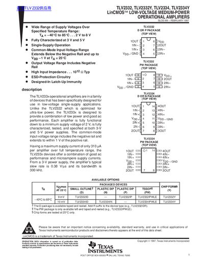 Texas Instruments TLV2332/ TLV2332Y/ TLV2334/ TLV2334Y Operational Amplifier Datasheet - cover page