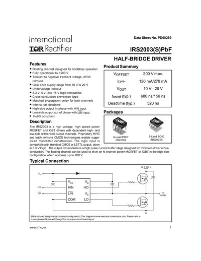 International Rectifier IRS2003(S)PbF Half-Bridge Driver Datasheet - cover page