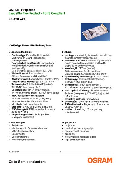 OSRAM LE ATB A2A Projection Lead (Pb) Free LED Datasheet - cover page
