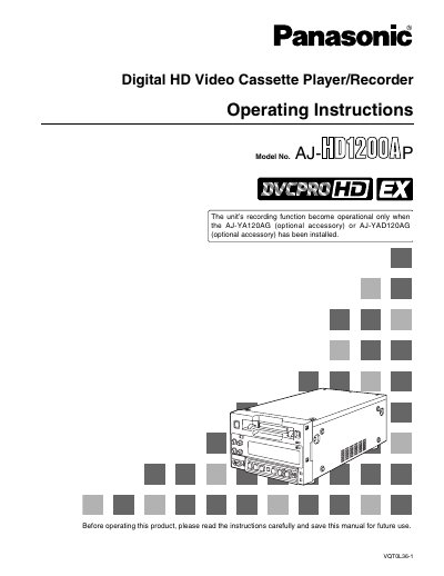 Panasonic AJ-HD1200A Digital HD Video Cassette Player/Recorder Operating Instructions - cover page