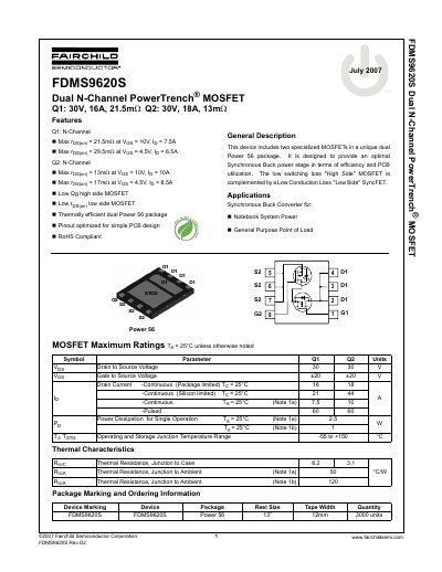Fairchild Semiconductor FDMS9620S Dual N-Channel PowerTrench MOSFET Datasheet - cover page
