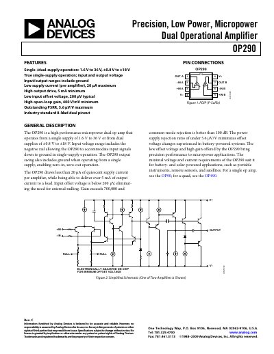 Analog Devices OP290 Dual Operational Amplifier Handbook Rev C - cover page