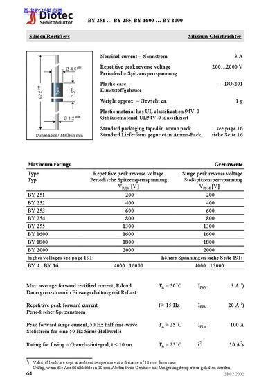 Diotec Semiconductor BY 251 ... BY 255 BY 1600 ... BY 2000 handbook - cover page