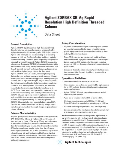 Agilent ZORBAX SB-Aq Rapid Resolution High Definition Threaded Column Data Sheet - cover page