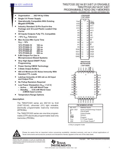 TEXAS INSTRUMENTS TMS27C020 262144 BY 8-BIT UV ERASABLE TMS27PC020 262144 BY 8-BIT PROGRAMMABLE READ-ONLY MEMORIES handbook