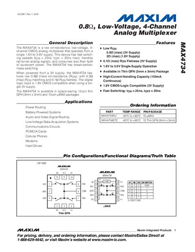 Maxim MAX4734 Analog Multiplexer Datasheet - cover page