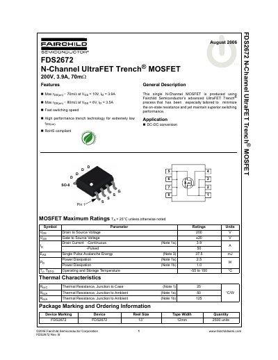 Fairchild FDS2672 N-Channel MOSFET Datasheet - cover page