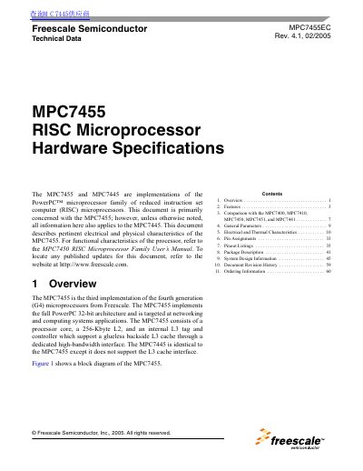 Freescale MPC7455 RISC Microprocessor Hardware Specifications Handbook - cover page