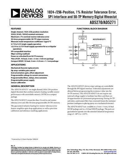Analog Devices AD5270/AD5271 Digital Rheostat Datasheet - cover page
