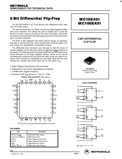 Motorola MC10E431/MC100E431 3-Bit Differential Flip-Flop Datasheet - cover page