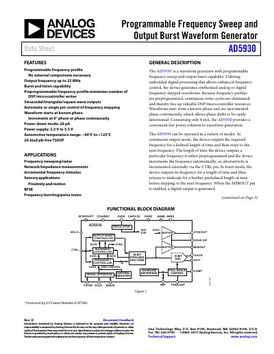 AD5930 Programmable Frequency Sweep and Output Burst Waveform Generator Data Sheet - cover page