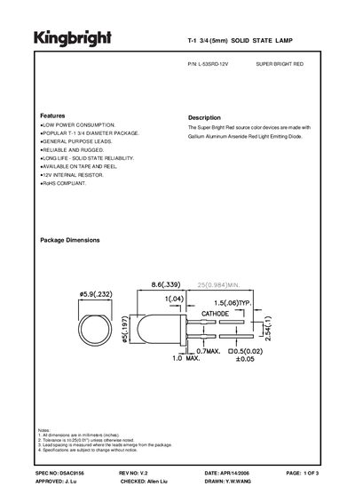 KINGBRIGHT T-1 3/4 (5mm) SOLID STATE LAMP P/N: L-53SRD-12V  - cover page