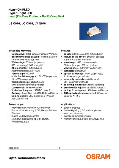 OSRAM SYLVANIA - LS Q976 LO Q976 LY Q976 Hyper CHIPLED Hyper-Bright LED 2006-01-20 1 Lead (Pb) Free Product - RoHS Compliant - cover page