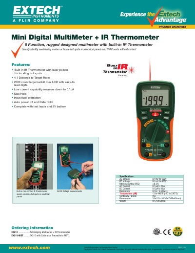Extech EX210 Mini Digital MultiMeter + IR Thermometer Product Datasheet - cover page