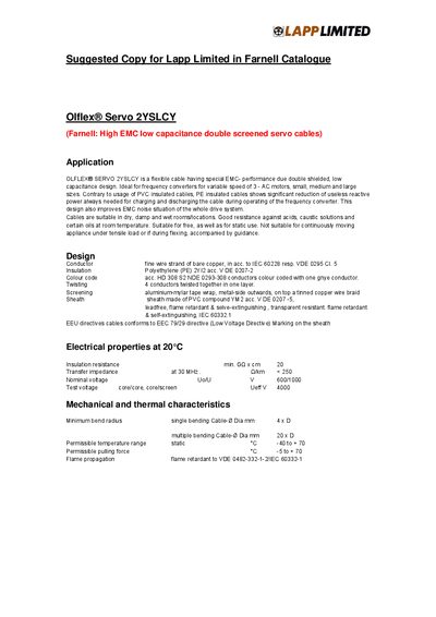 Lapp Olflex Servo 2YSLCY Product Leaflet - cover page