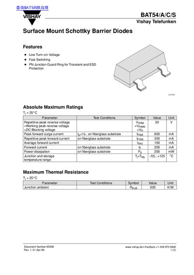Vishay BAT54/A/C/S Schottky Barrier Diode Datasheet