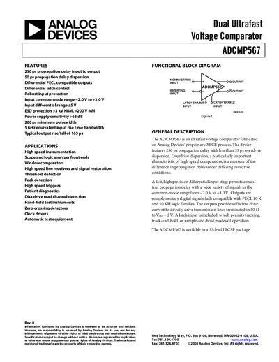 Analog Devices ADCMP567 Dual Ultrafast Voltage Comparator Data Sheet - cover page