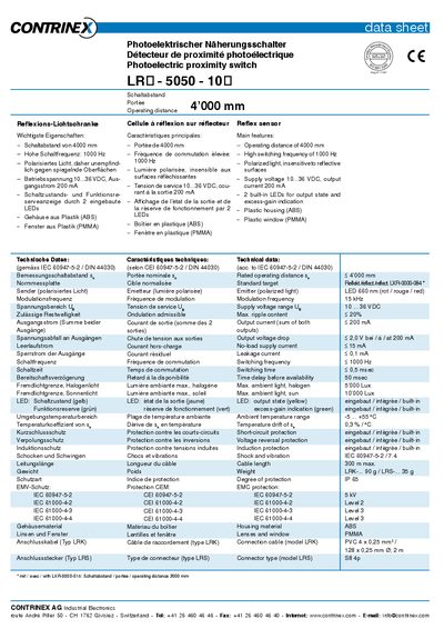Contrinex LR-5050-10 Photoelectric Proximity Switch Datasheet - cover page