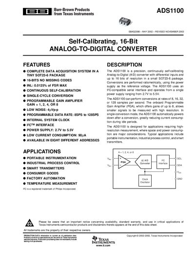 Texas Instruments ADS1100 Datasheet - cover page