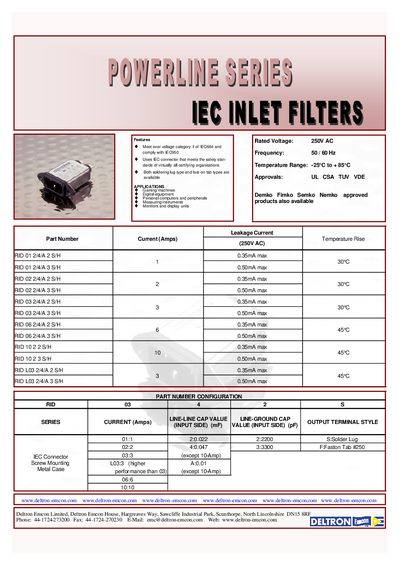 Deltron Emcon IEC Inlet Filters Product Datasheet - cover page