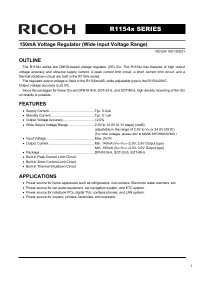 Ricoh R1154x Series Voltage Regulator Datasheet - cover page