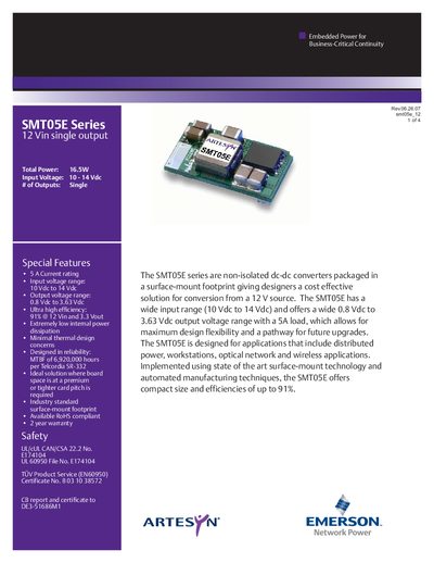 ARTESYN SMT05E Series 12 Vin single output - cover page